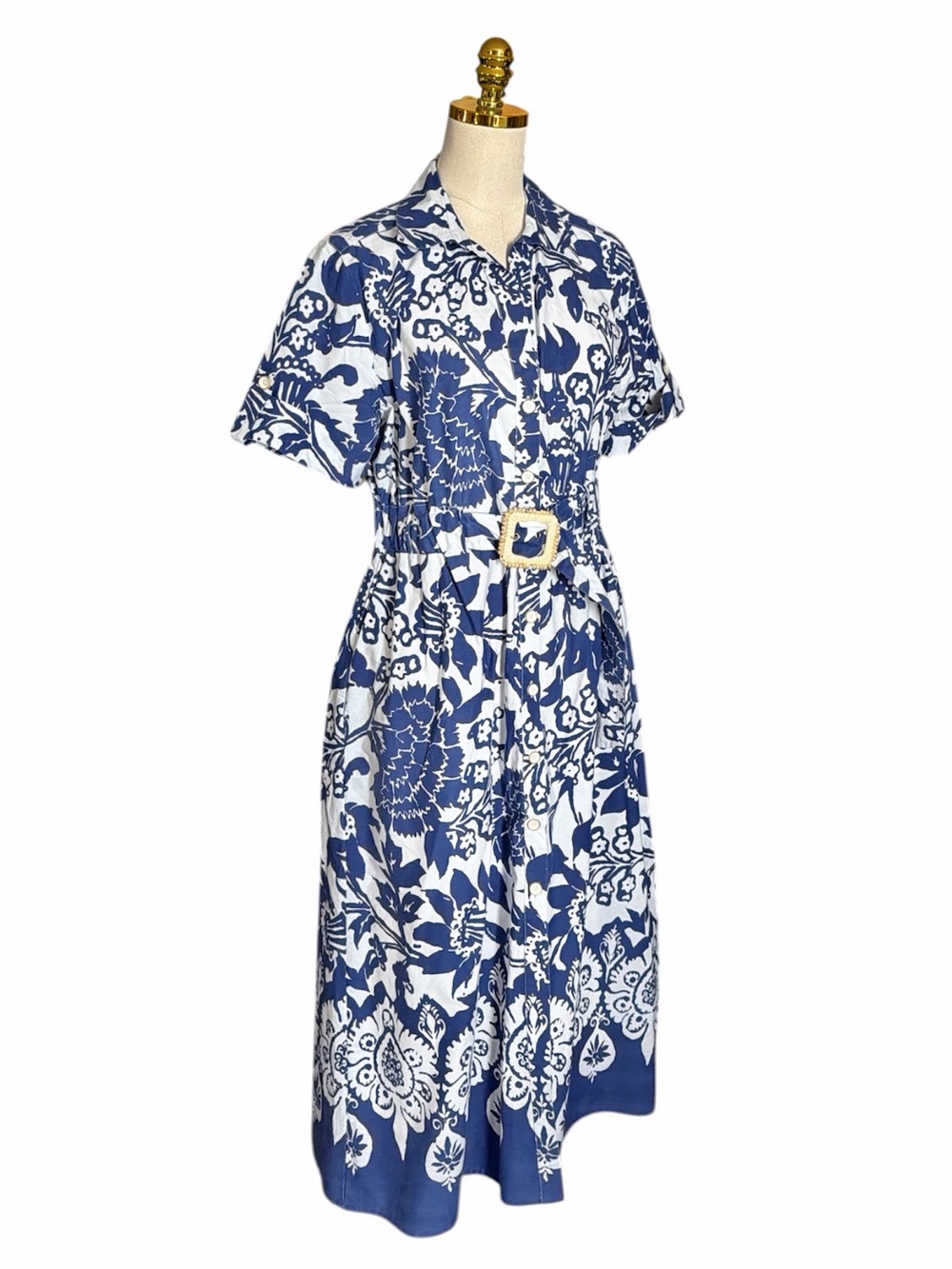 Joie Blue White Floral Cotton Midi Shirtdress Belted Short Sleeve Pockets Large - Picture 5 of 13